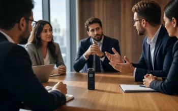 Compact voice recorder on a conference table in a modern meeting room