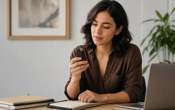 Person checking a compact digital voice recorder on a desk