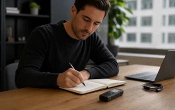 Sleek voice recorder on a desk beside a notebook and charging cable