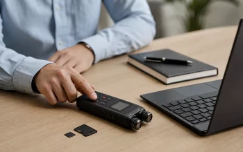 Digital voice recorder with memory cards on a clean desk