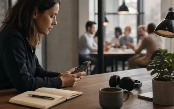 Compact voice recorder on a desk with workspace accessories and soft professional lighting