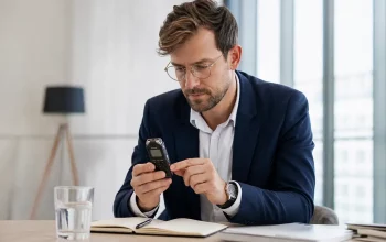 Person adjusting a compact voice recorder in a modern meeting room