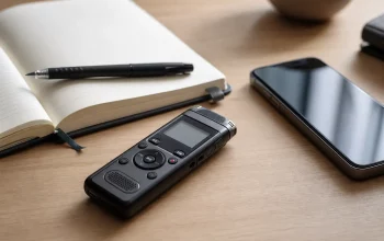 Portable voice recorder beside interview notes in a clean professional workspace