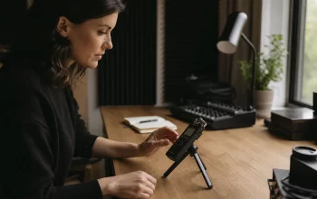 Voice recorder on a desk in a quiet studio setup