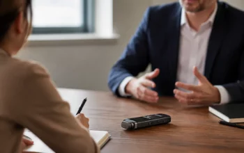 Modern digital voice recorder on a desk in a quiet meeting room