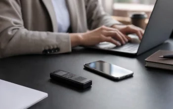 Digital voice recorder and smartphone side by side on a desk in a professional setting