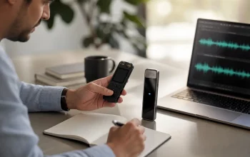 Traditional digital recorder and AI voice recorder on a clean desk beside a laptop