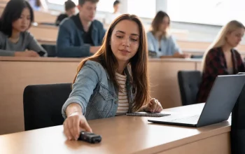 University student placing a compact recorder on a desk in a lecture hall