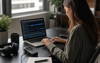 Digital voice recorder beside a laptop showing transcript editing software on a tidy desk